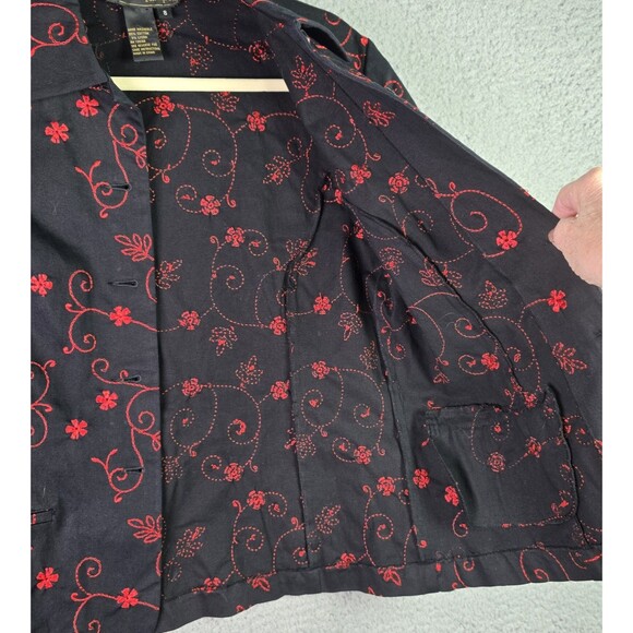 Christine Phillipe Womens Blazer 8 Black Red Floral Embroidered Cotton Pockets - Picture 10 of 15